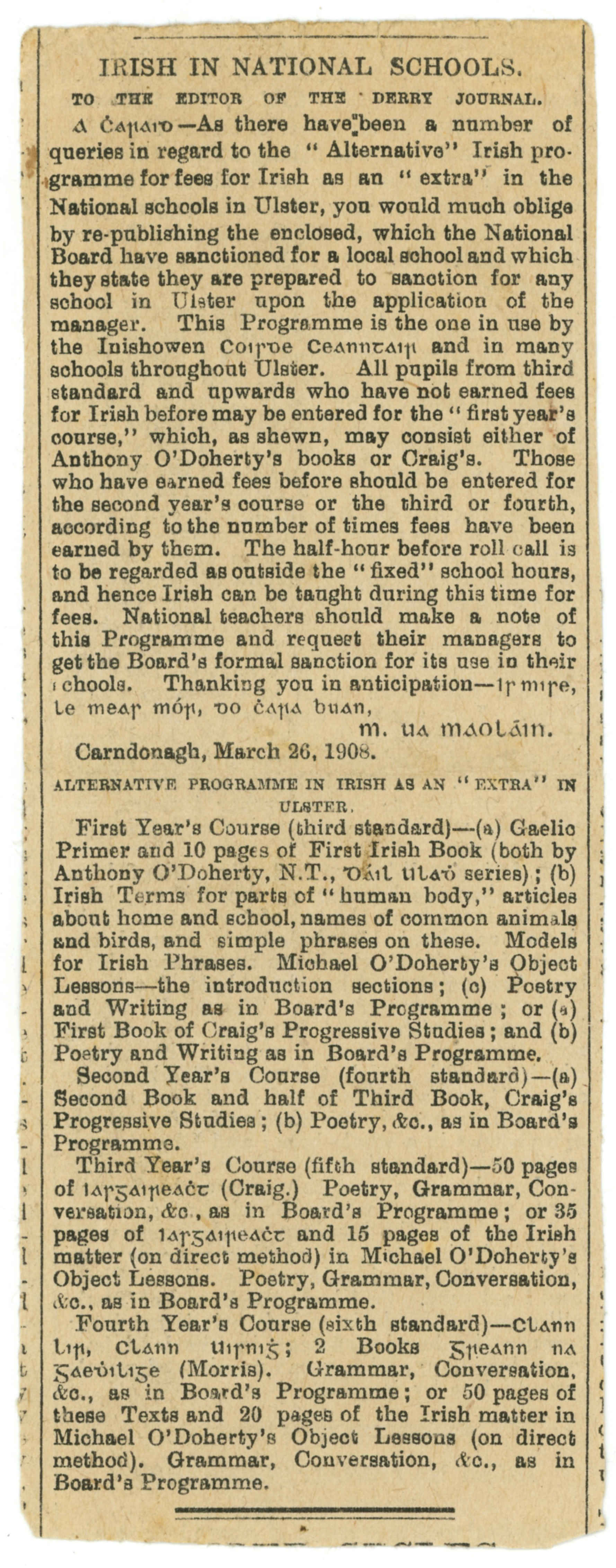 Tagairt do Antoine Ó Dochartaigh san Derry Journal 1908