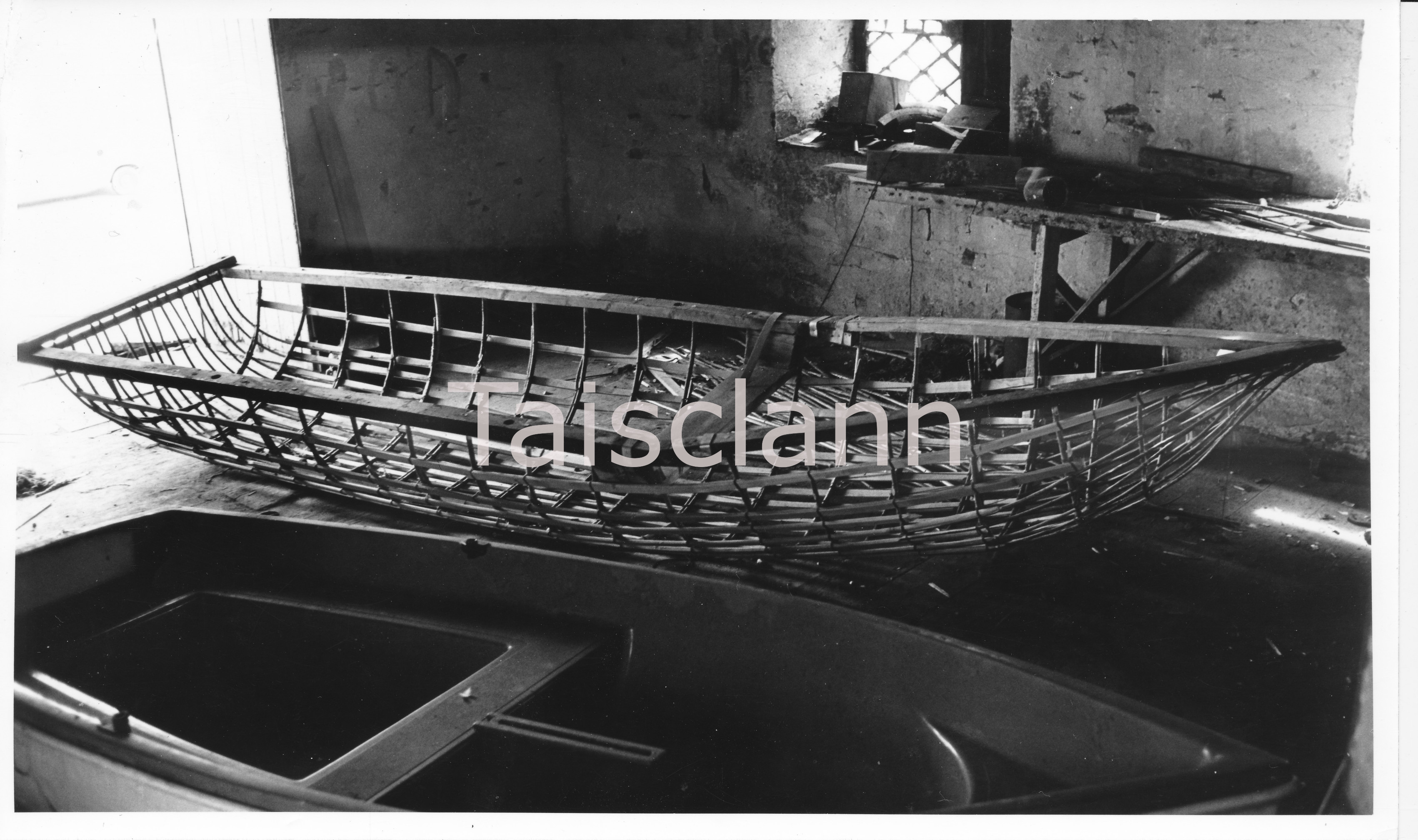 The skeleton of a currach at Sheephaven made largely from bent hazel rods tied together with yarn.