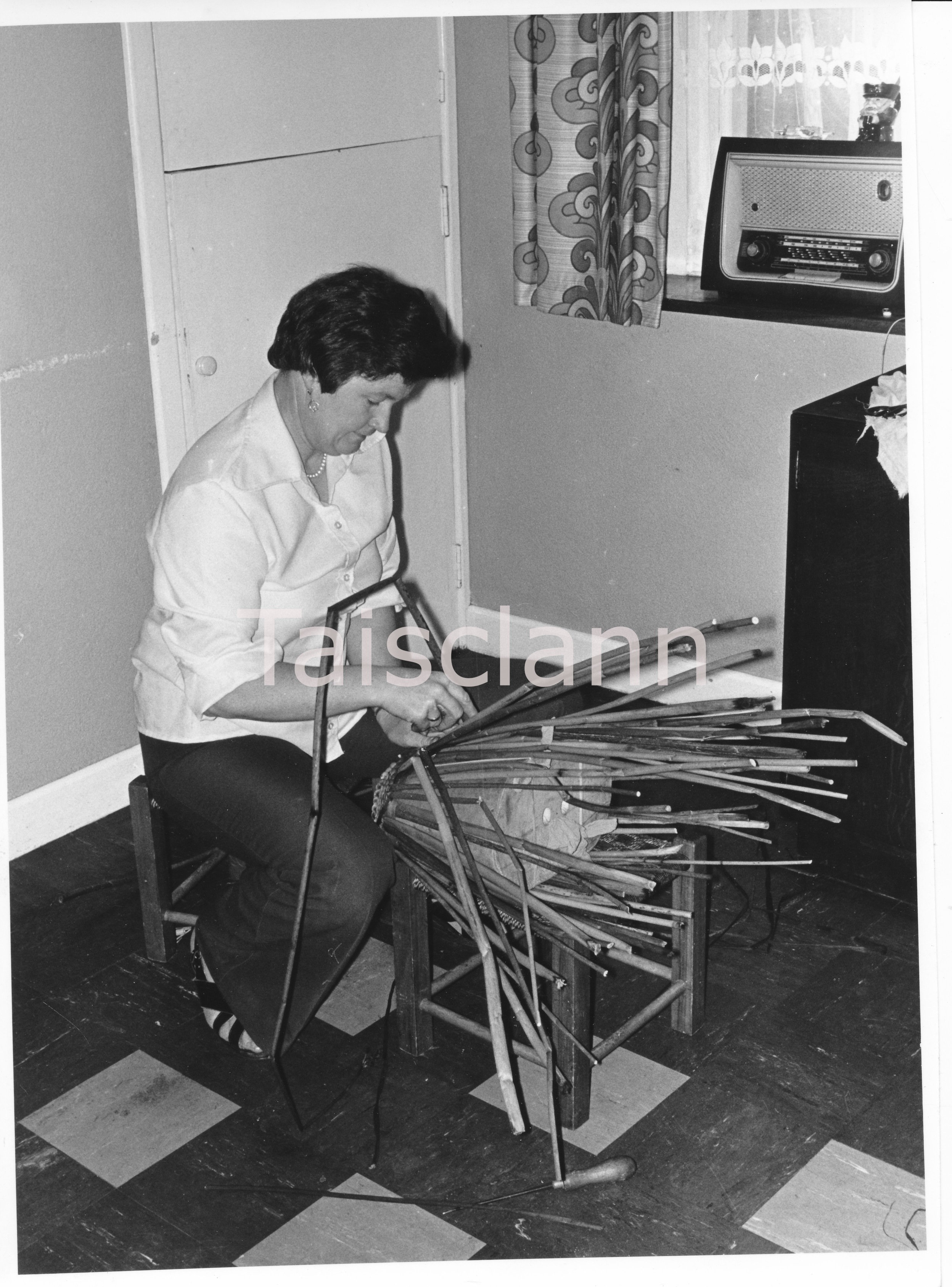 Mrs. Frances Brennan making a basket from rushes for the Slieve Bawn Co-op in Strokestown, Co.Roscommon.