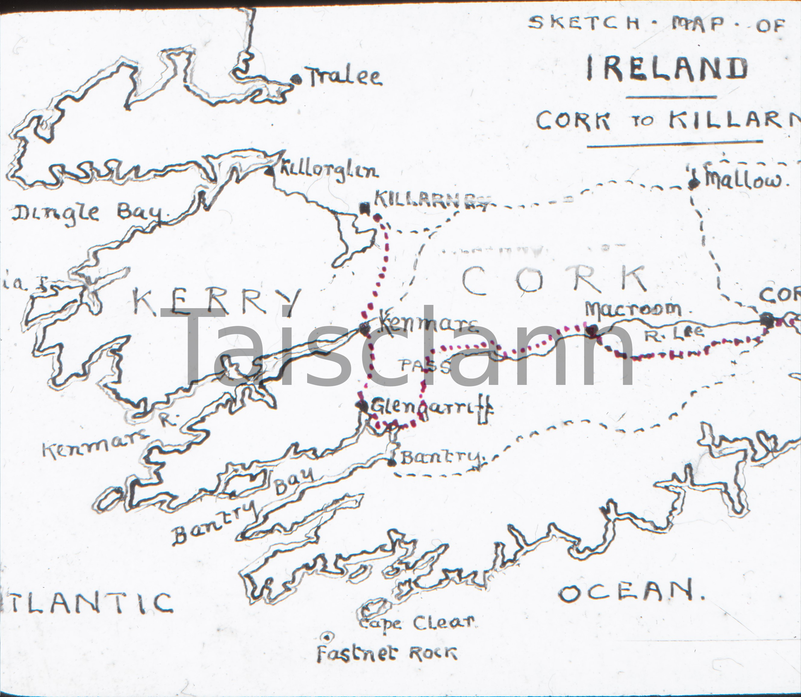 Sketch Map of route from Cork to Killarney.