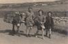 Three girls walking with a donkey on a country road